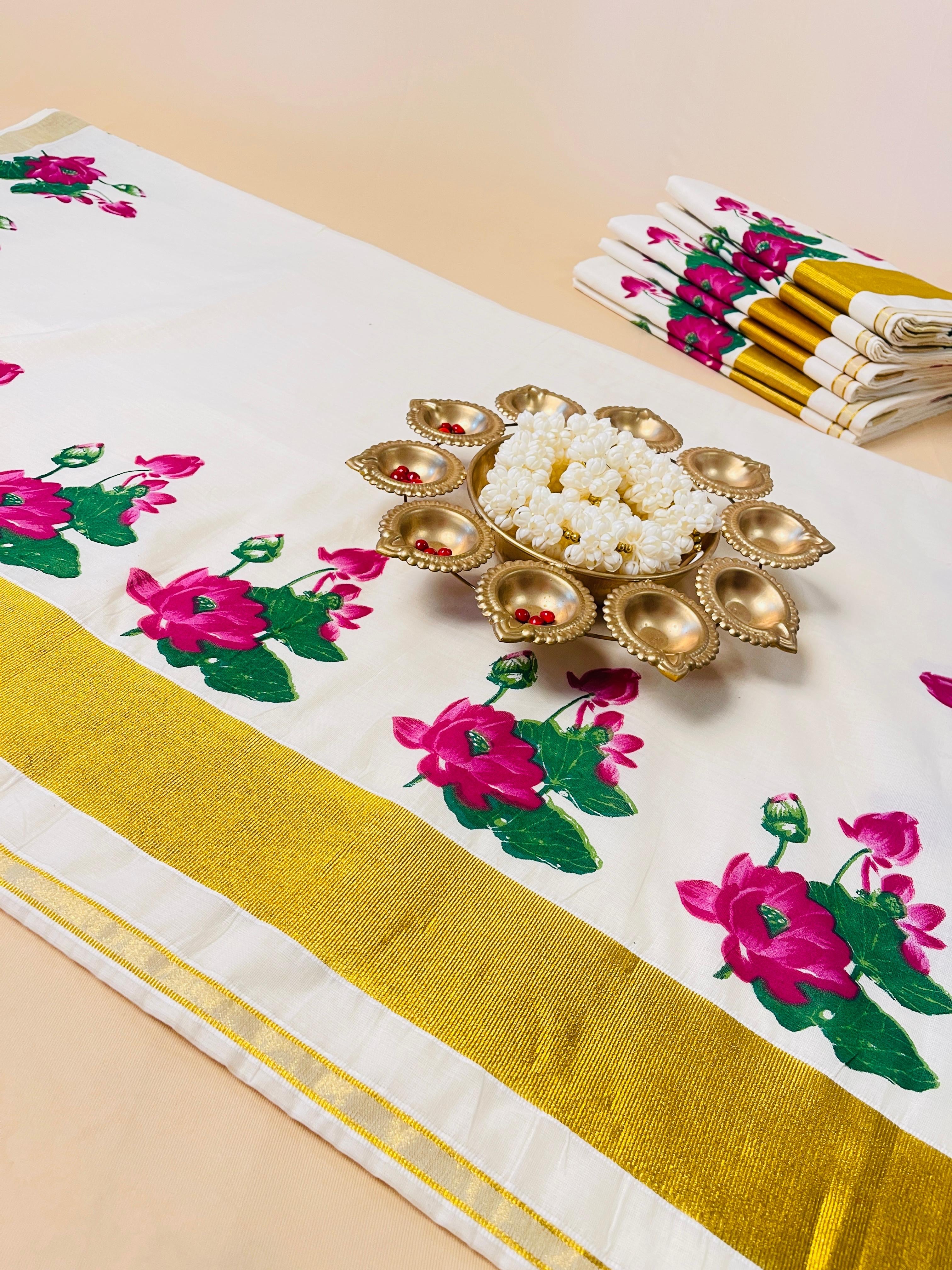 Magenta lotus printed cotton saree - Traditional wear