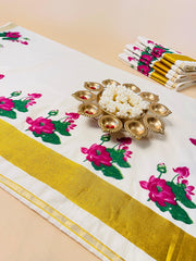 Magenta lotus printed cotton saree - Traditional wear