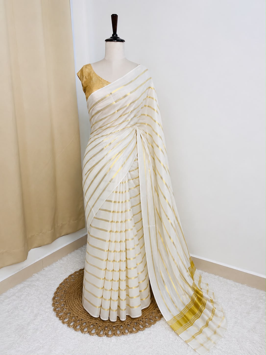 Golden kasavu stripes Cotton Set Saree with Border (SU 560)