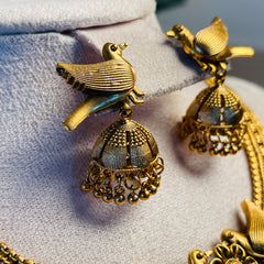 BIRD HERITAGE ANTIQUE GOLD FINISH NECKLACE JHUMKA SET (SJ 212)