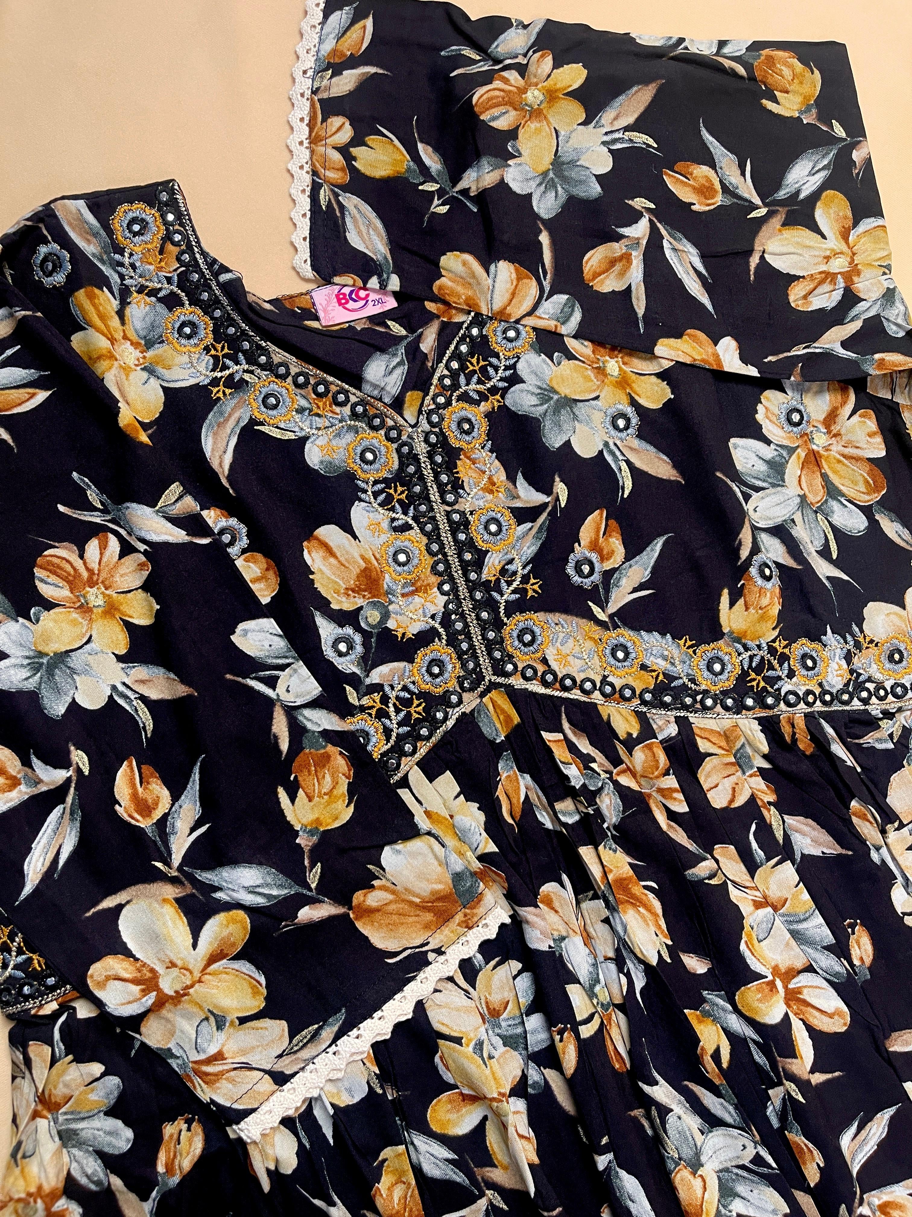 Black Floral Kurtha Top - SU 82