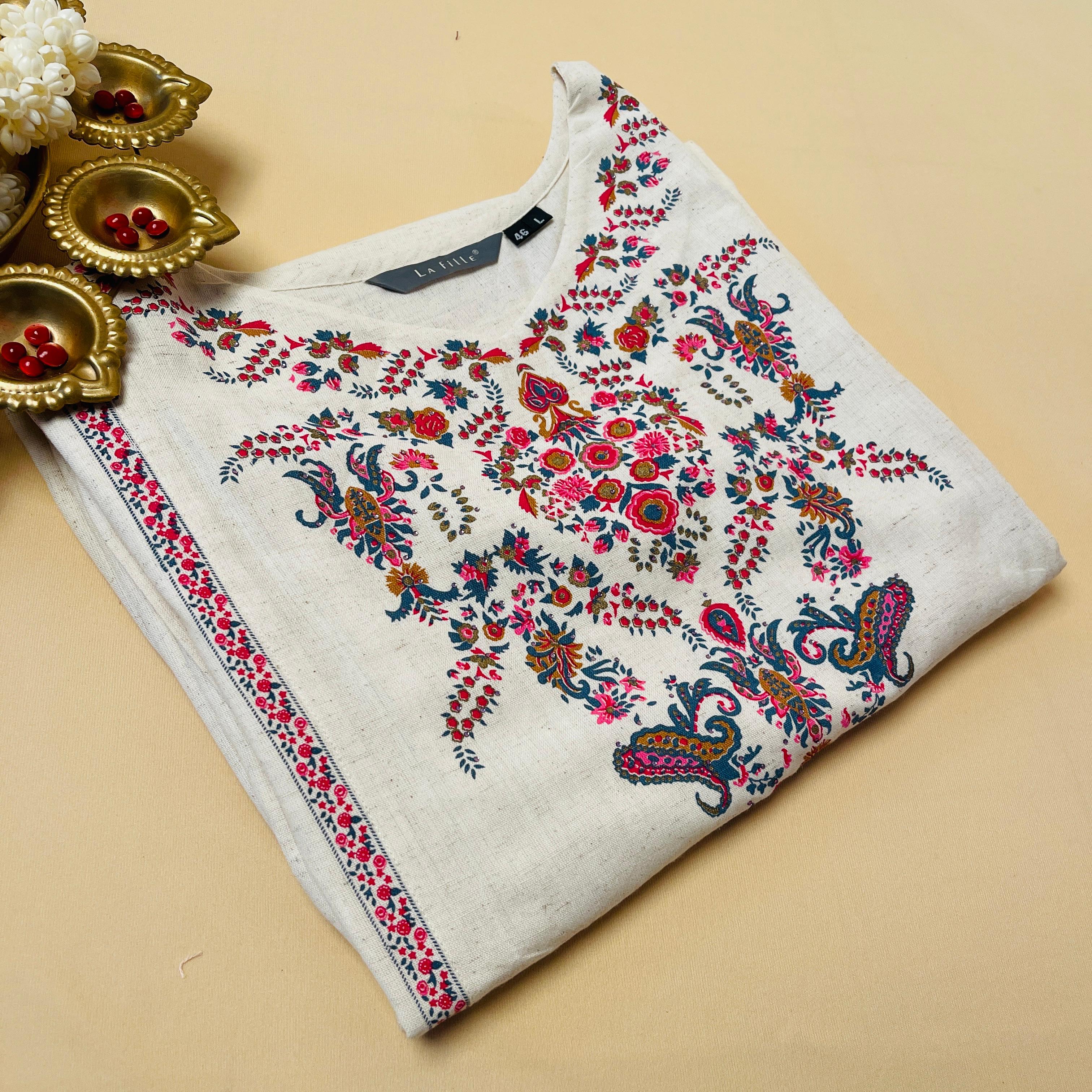Off white Floral Print Linen Blend Kurthi Top - Elegant Top