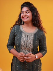 Green & Golden Embroidered Straight Kurti with Neck Detailing