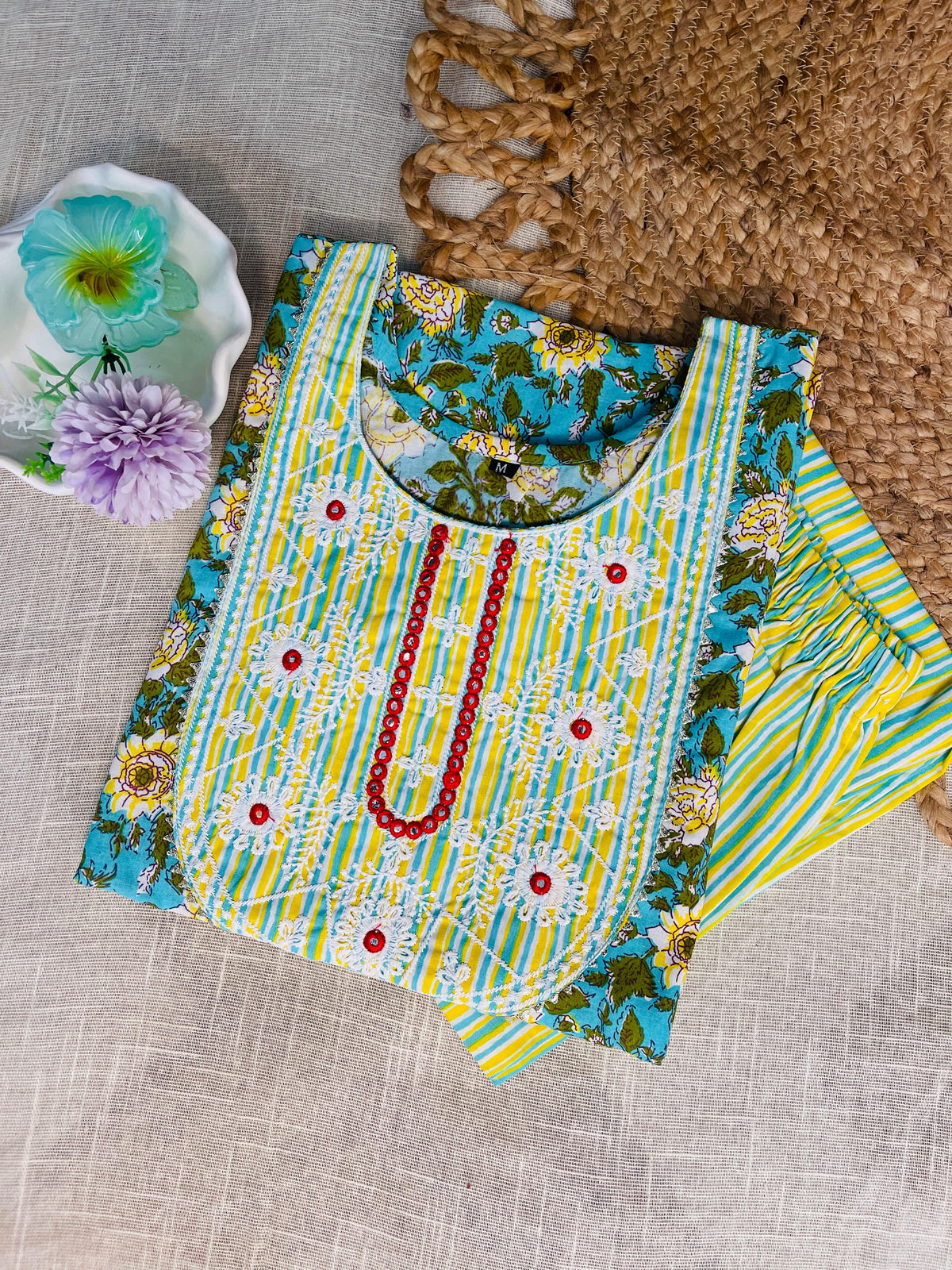 Light Green kurthi top with front red thread works & pants