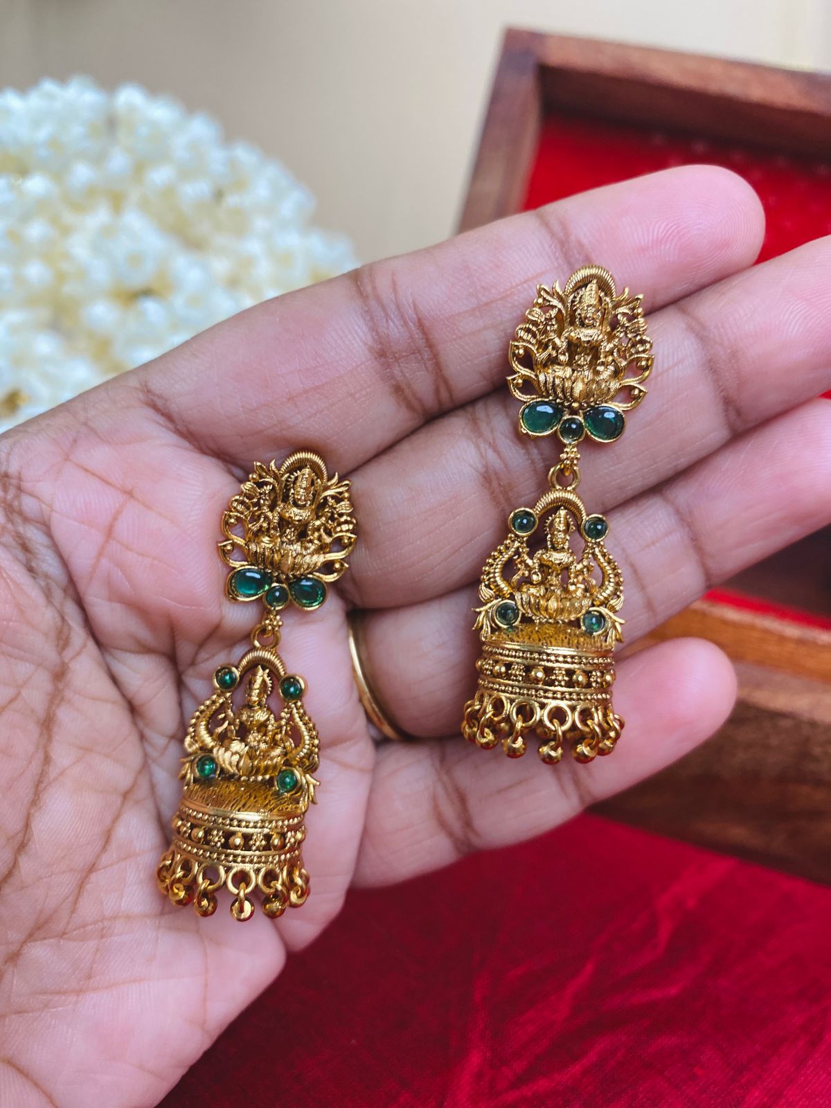Antique Lakshmi Temple Jhumka Earrings with Green Stones