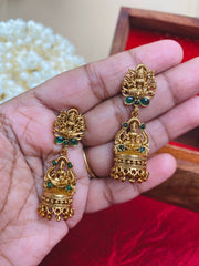 Antique Lakshmi Temple Jhumka Earrings with Green Stones