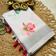 Silver Border White Linen Saree with Lotus Print