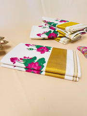 Magenta lotus printed cotton saree - Traditional wear