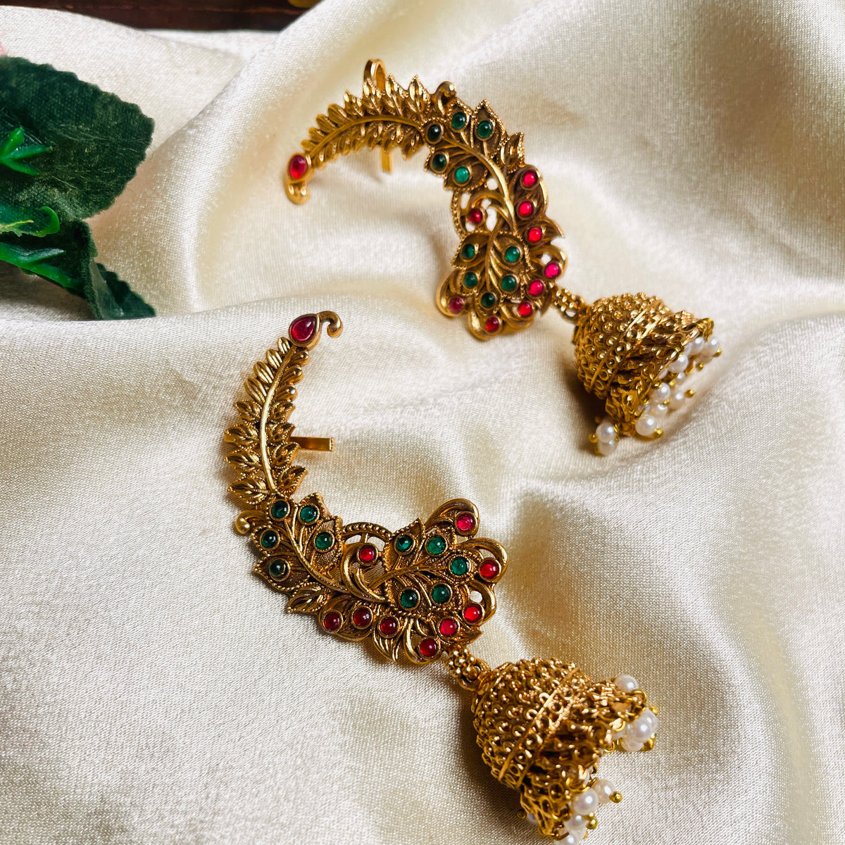 ANTIQUE GOLD TONE PEACOCK EAR CUFFS WITH JHUMKAS (SJ 201)