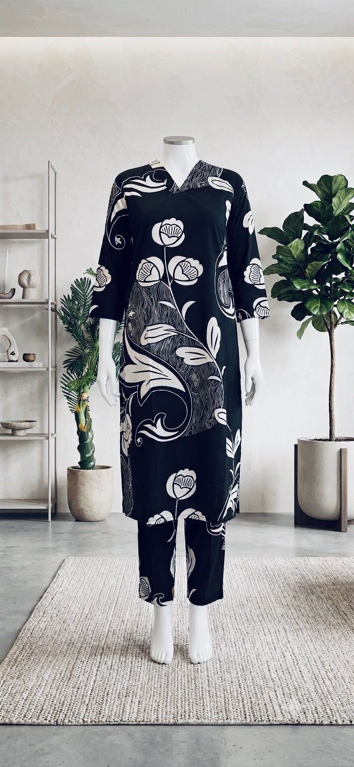 BLACK WITH WHITE DESIGNS CO ORD SET (SU 703)