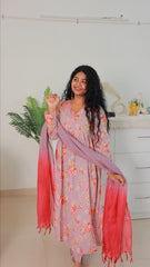 Purple Grey Floral Printed Anarkali Suit Set (SU 32)