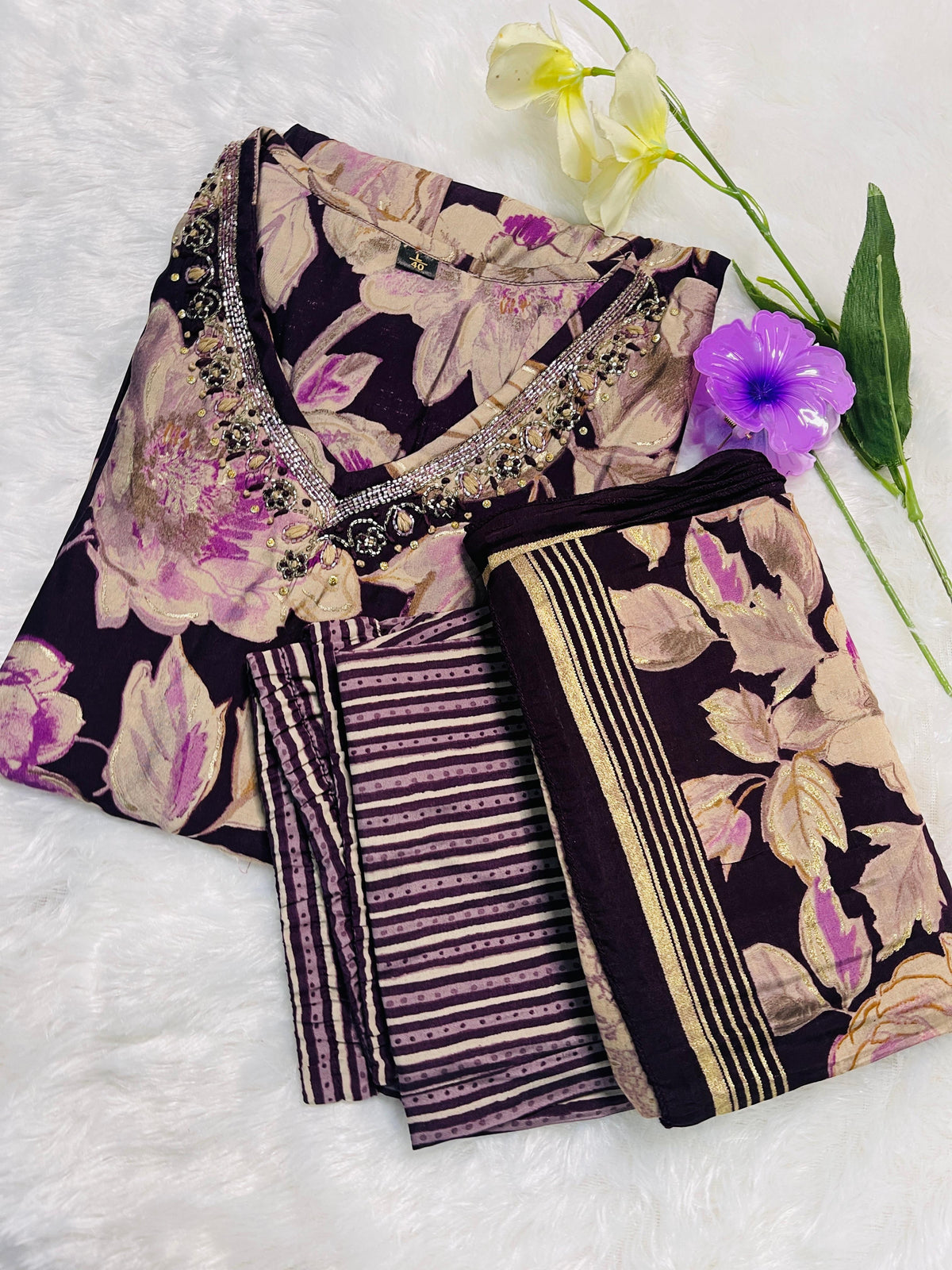 Grape wine with brown floral (Top,pants and Dupatta)