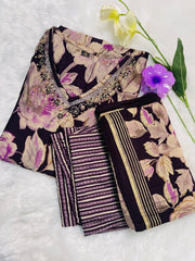 Grape wine with brown floral (Top,pants and Dupatta)