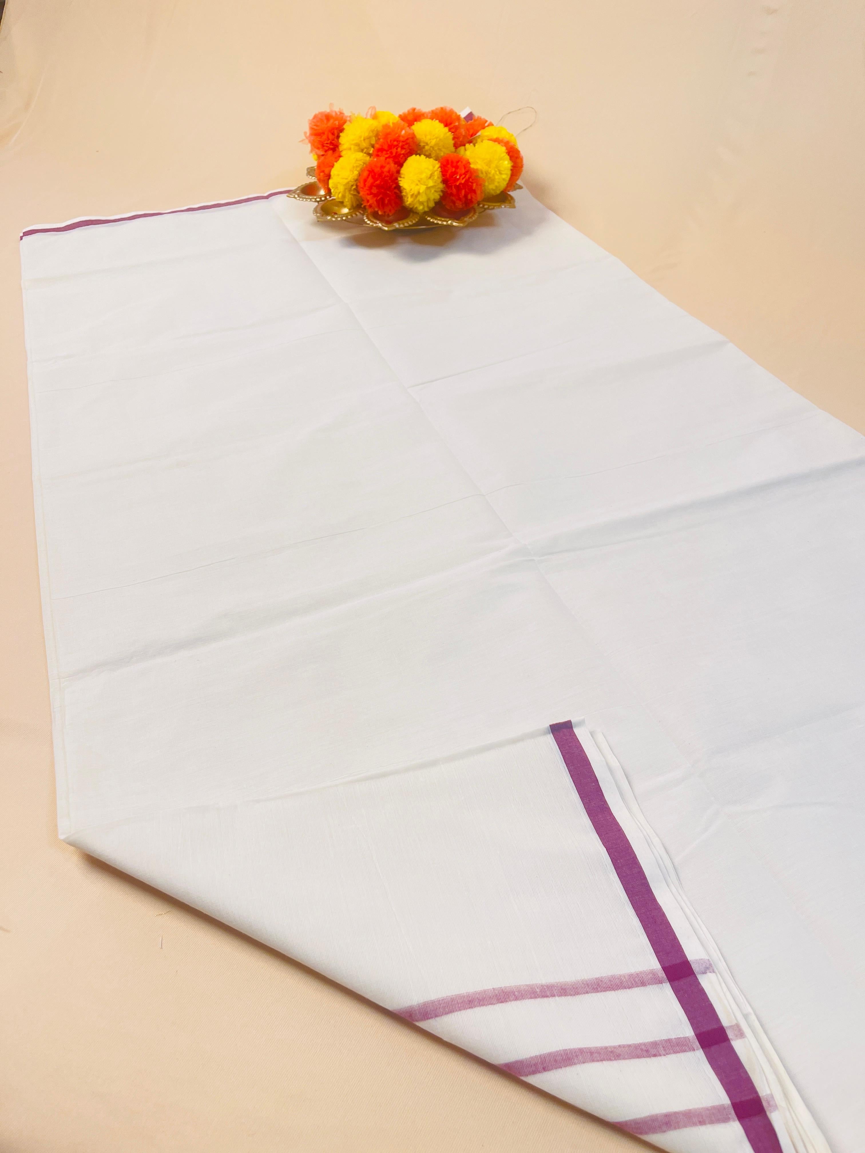 SU 572 - Traditional Kerala White Saree with Onion pink Stripe Border