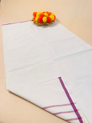 SU 572 - Traditional Kerala White Saree with Onion pink Stripe Border