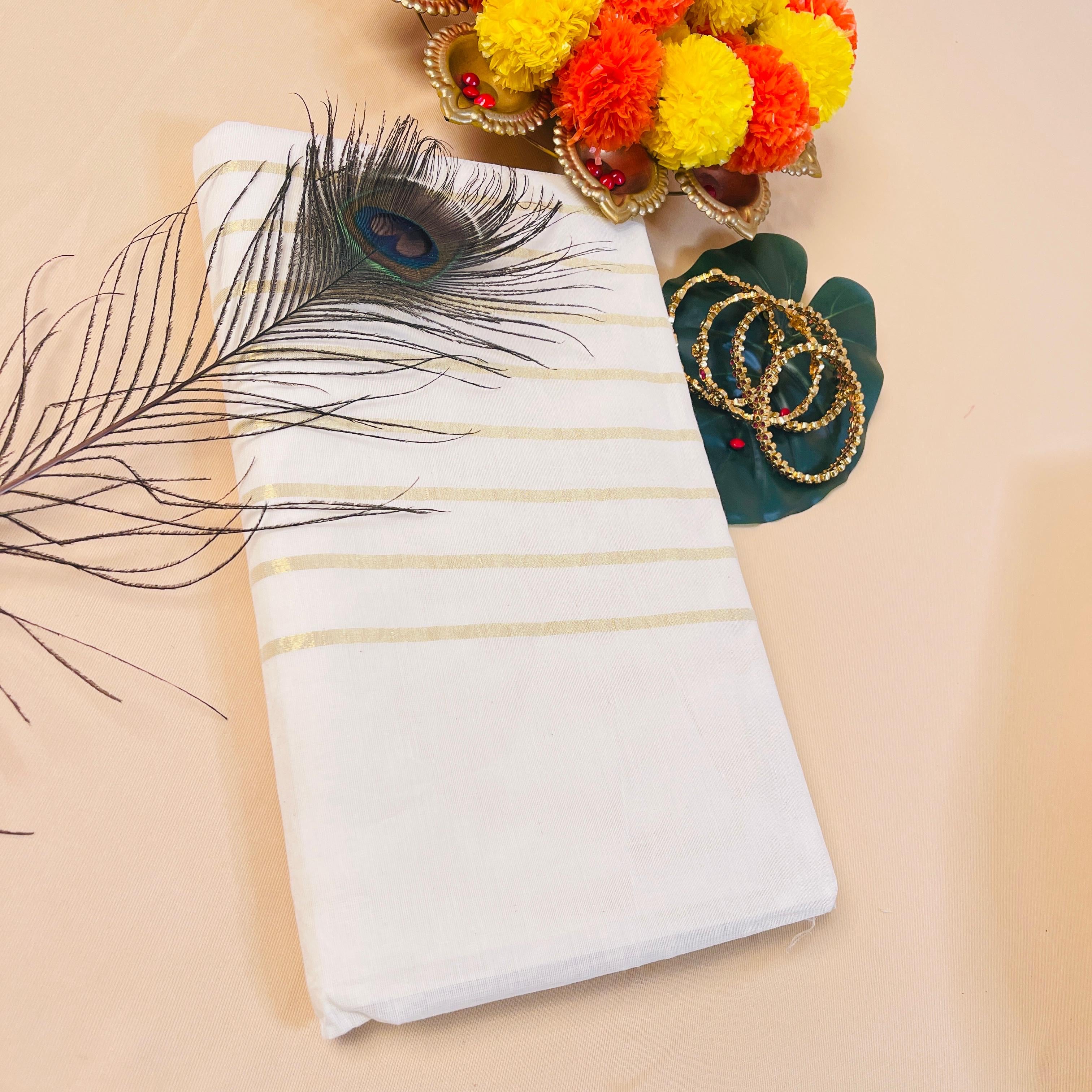 SU 573 -Kerala Cotton Saree with Golden Stripe Pallu