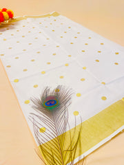 SU 574 Kerala Kasavu Saree with Golden Polka Dots & Border