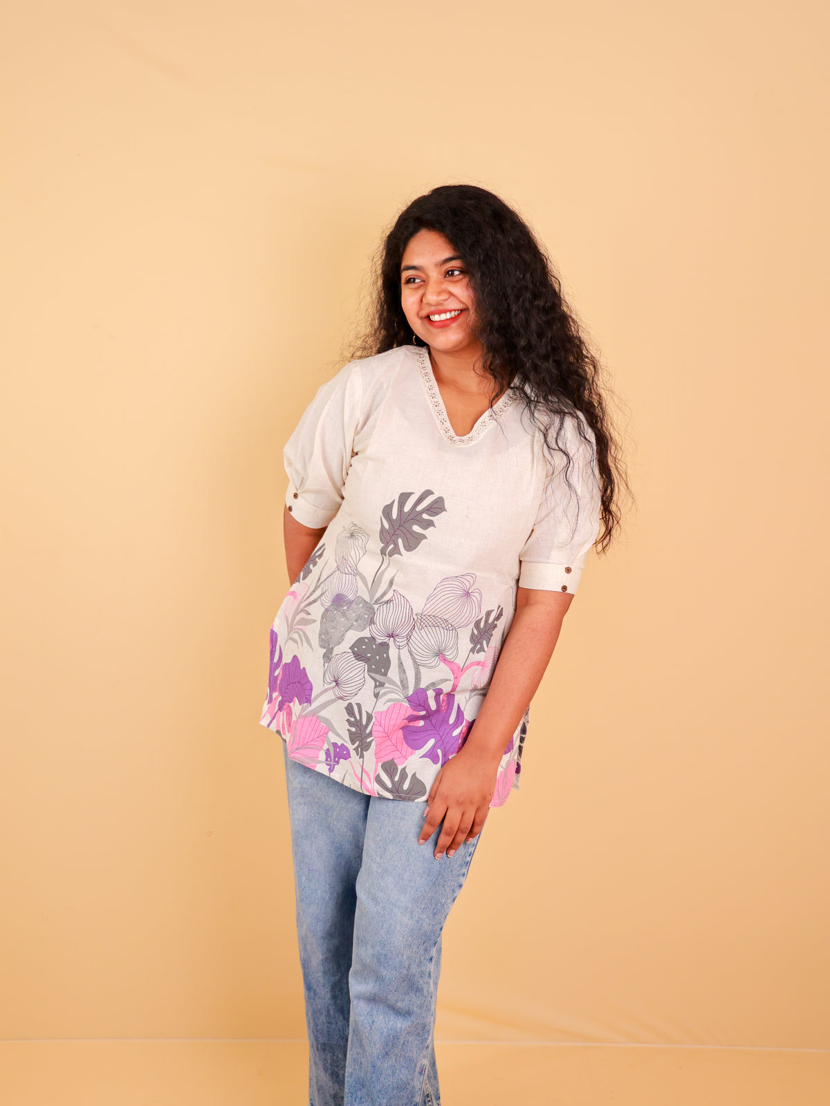 VOILET WITH ROSE TROPICAL KHADI SHORT KURTHI (SU 693)