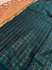 THARA🦚✨PEACOCK GREEN WITH GOLD ZARI CHECKS MUL COTTON SAREE (SU 870)