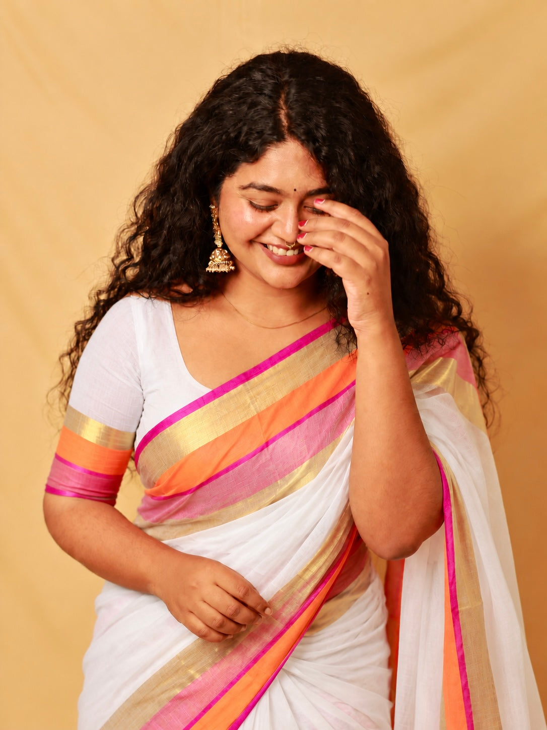 Aaradhya🧡✨White with Pink Orange & Golden Soft Mul Cotton Saree (SU 905)