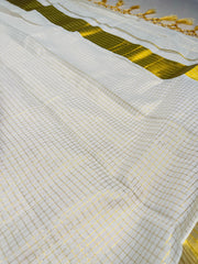 SMALL CHECK PATTERN WHITE COTTON READY TO WEAR SAREE WITH BLOUSE PIECE (SU 878)