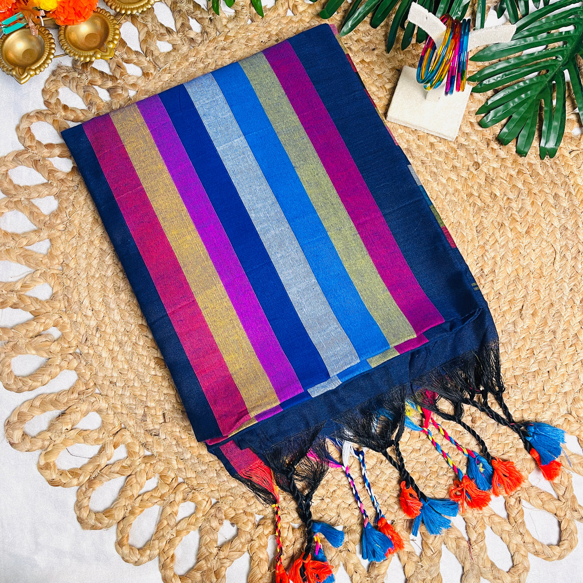 MAYA🍃NAVY BLUE WITH MULTICOLOURED STRIPES KHADI MUL COTTON SAREE (SU 850)
