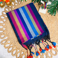 MAYA🍃NAVY BLUE WITH MULTICOLOURED STRIPES KHADI MUL COTTON SAREE (SU 850)
