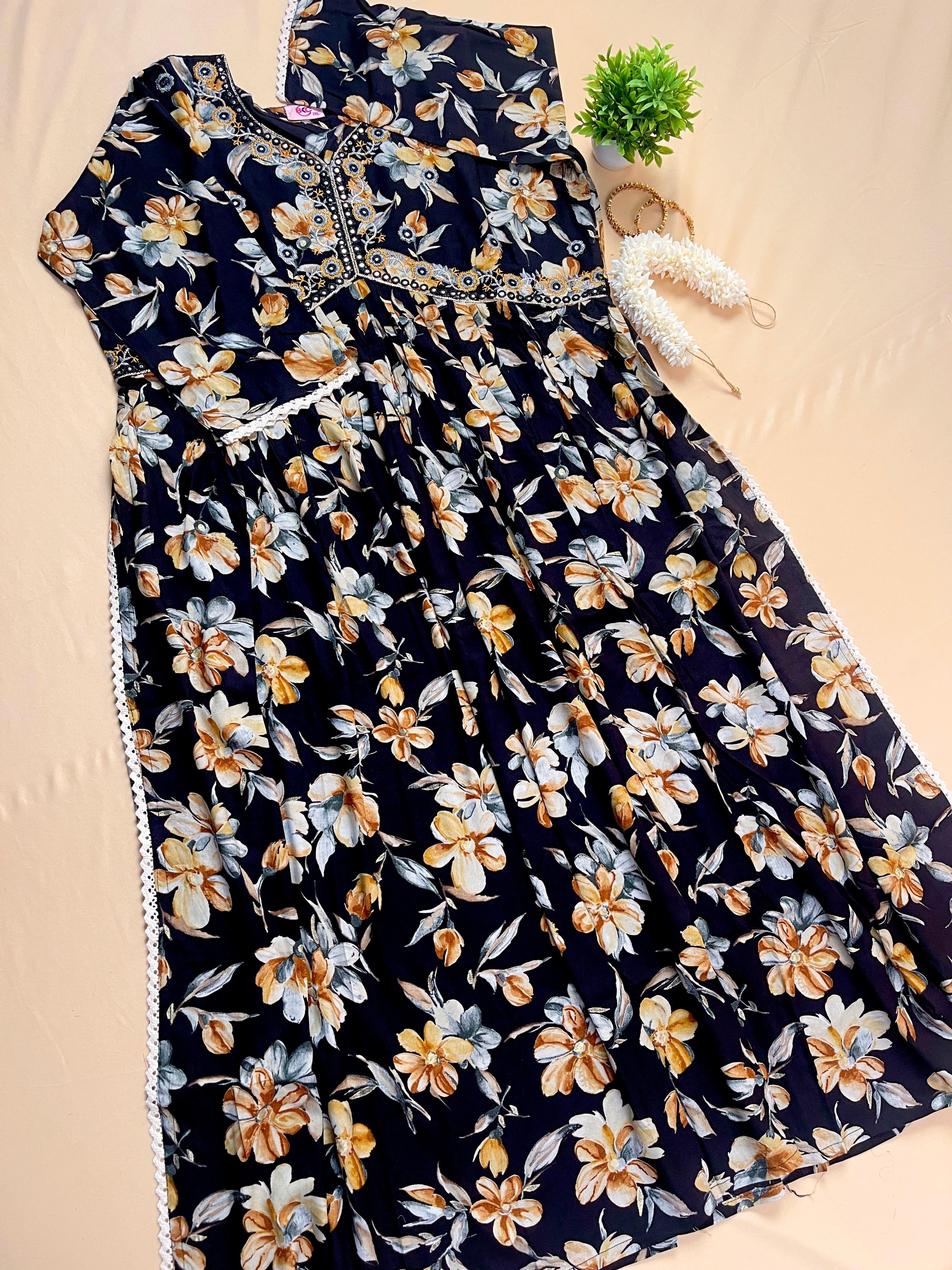 Black Floral Kurtha Top - SU 82