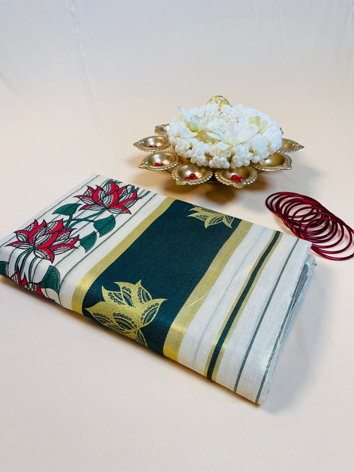 Dark Green Golden Lotus Set Saree