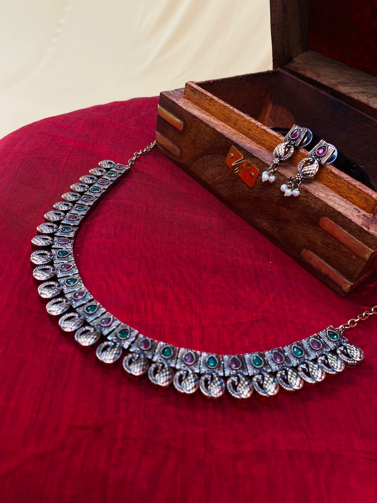 Oxidized Silver Peacock Necklace Set with Earrings