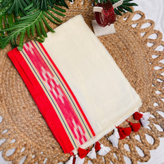 SINDOORA✨🥀 OFF WHITE WITH VIBRANT RED WOVEN BORDER MUL COTTON SAREE (SU 862)