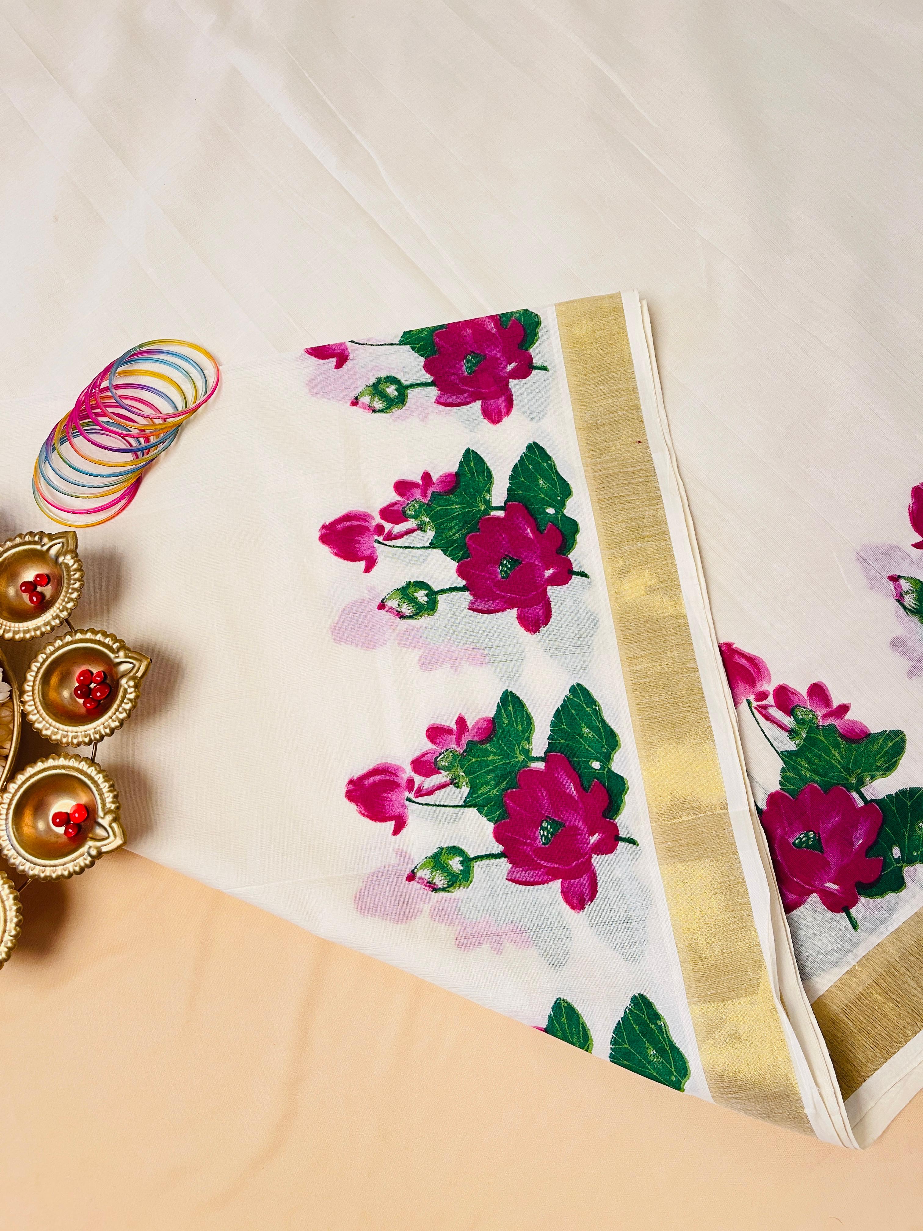 Magenta lotus printed cotton saree - Traditional wear