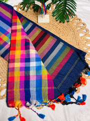 MAYA🍃NAVY BLUE WITH MULTICOLOURED STRIPES KHADI MUL COTTON SAREE (SU 850)