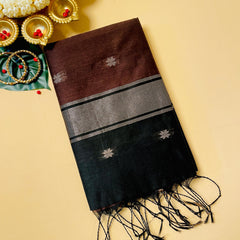 SU 570 Black & Brown Cotton Saree with Gold Zari Motifs and Contrast Border