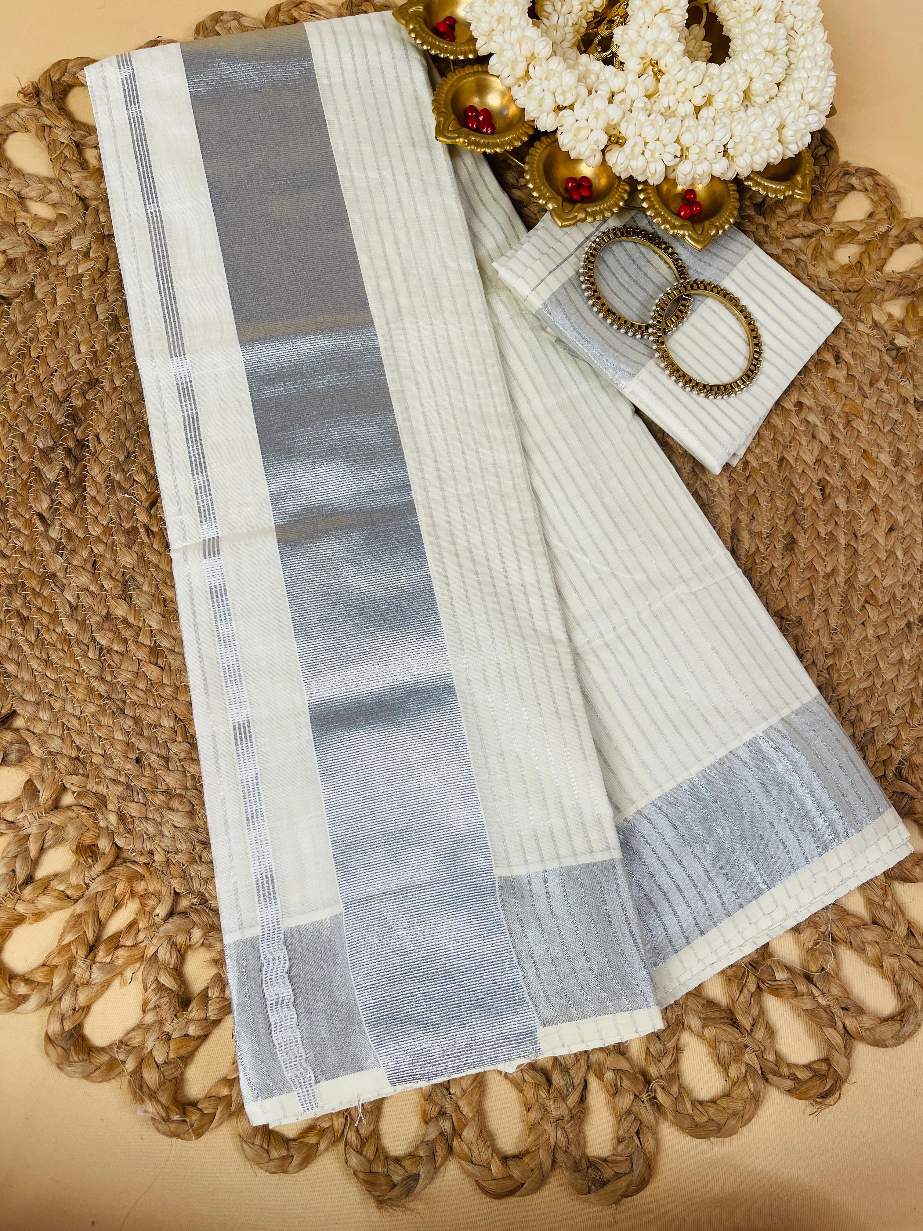 Ready to Wear Saree with Silver Border & Stripes - Elegant Saree