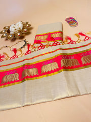 Pink Lotus embroidery Saree with pink & golden tassels- Elegant Saree - SU 495