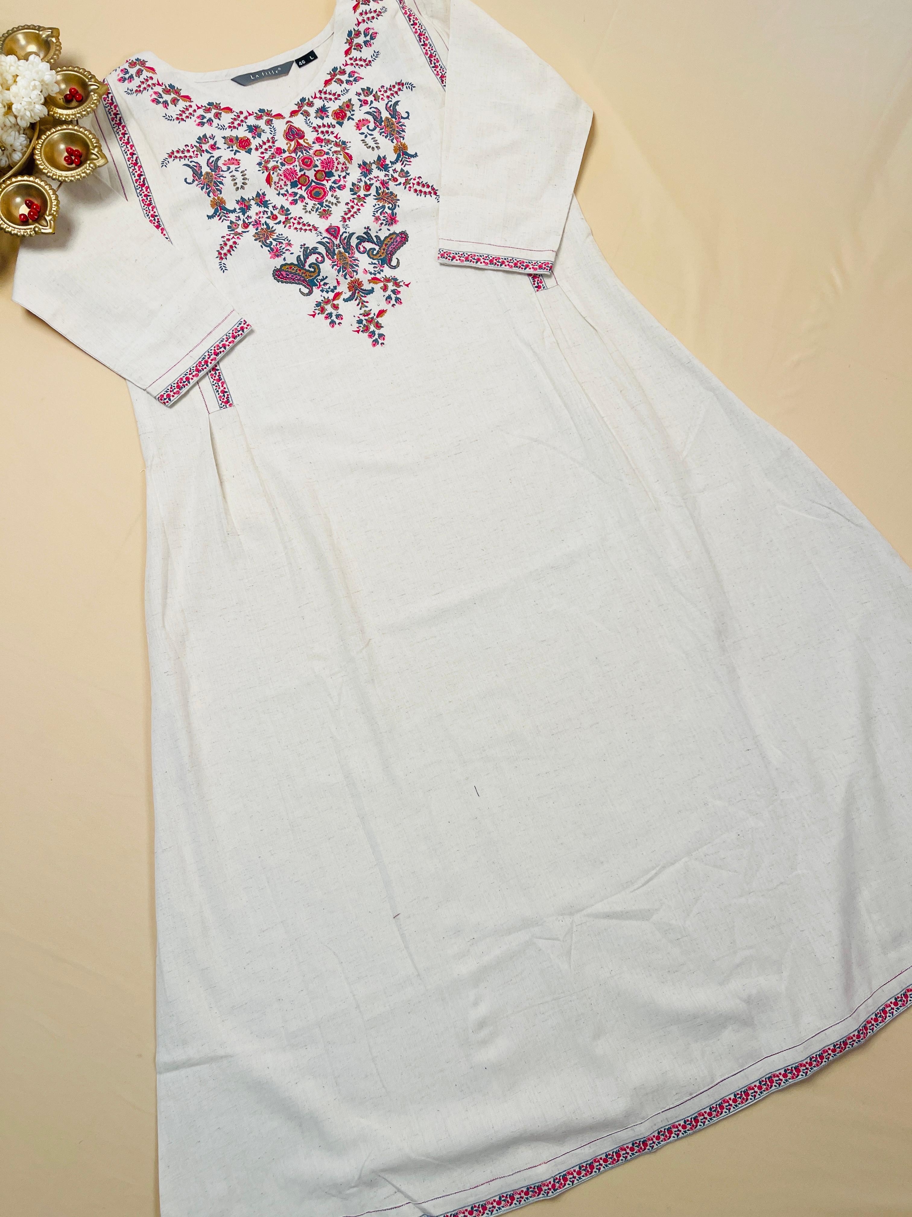 Off white Floral Print Linen Blend Kurthi Top - Elegant Top