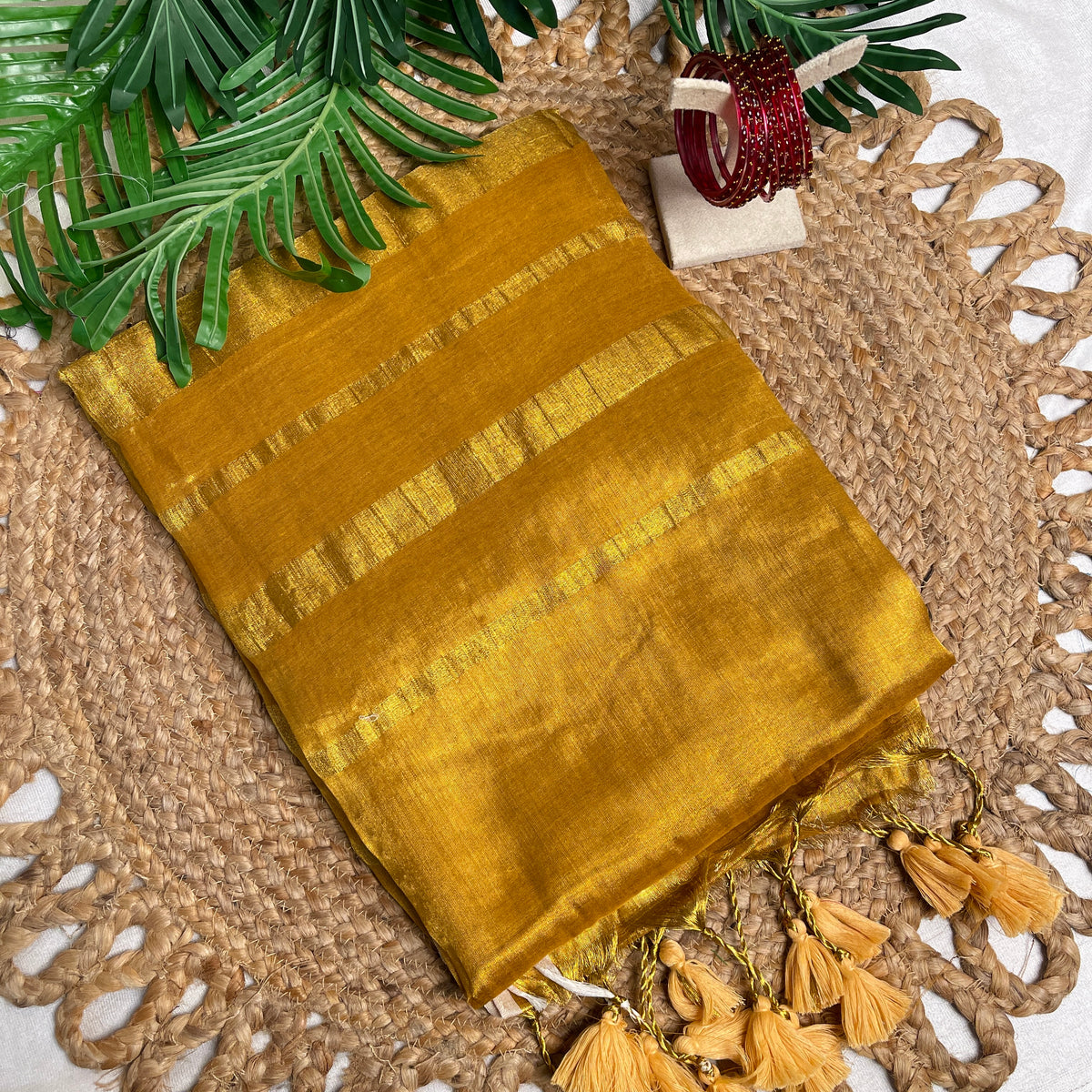 കനക✨RICH MUSTARD GOLD WITH ELEGANT ZARI STRIPES TISSUE SAREE (SU 861)