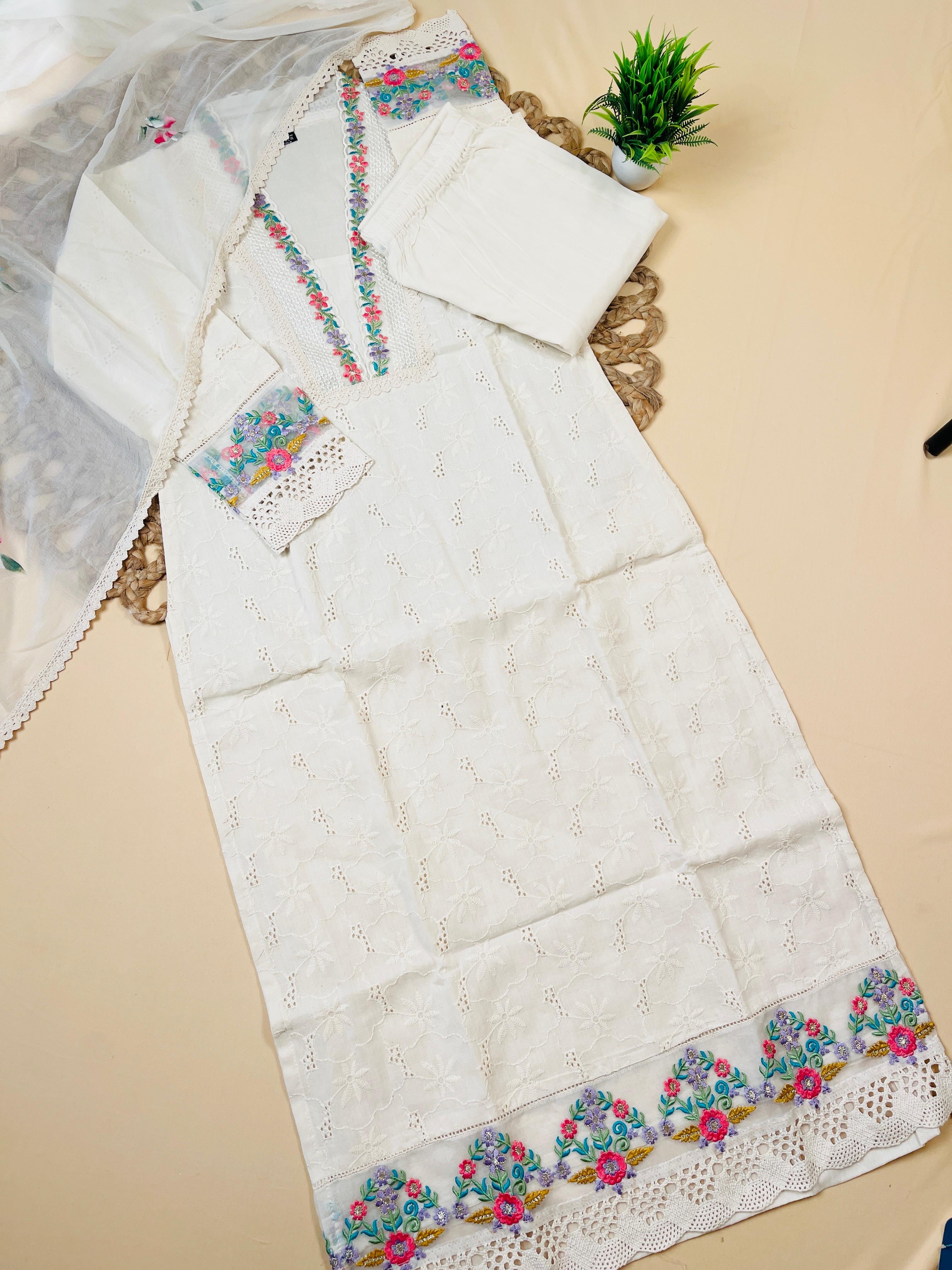 Off white Hakoba Salwar Suit With floral Work - Elegant Salwar