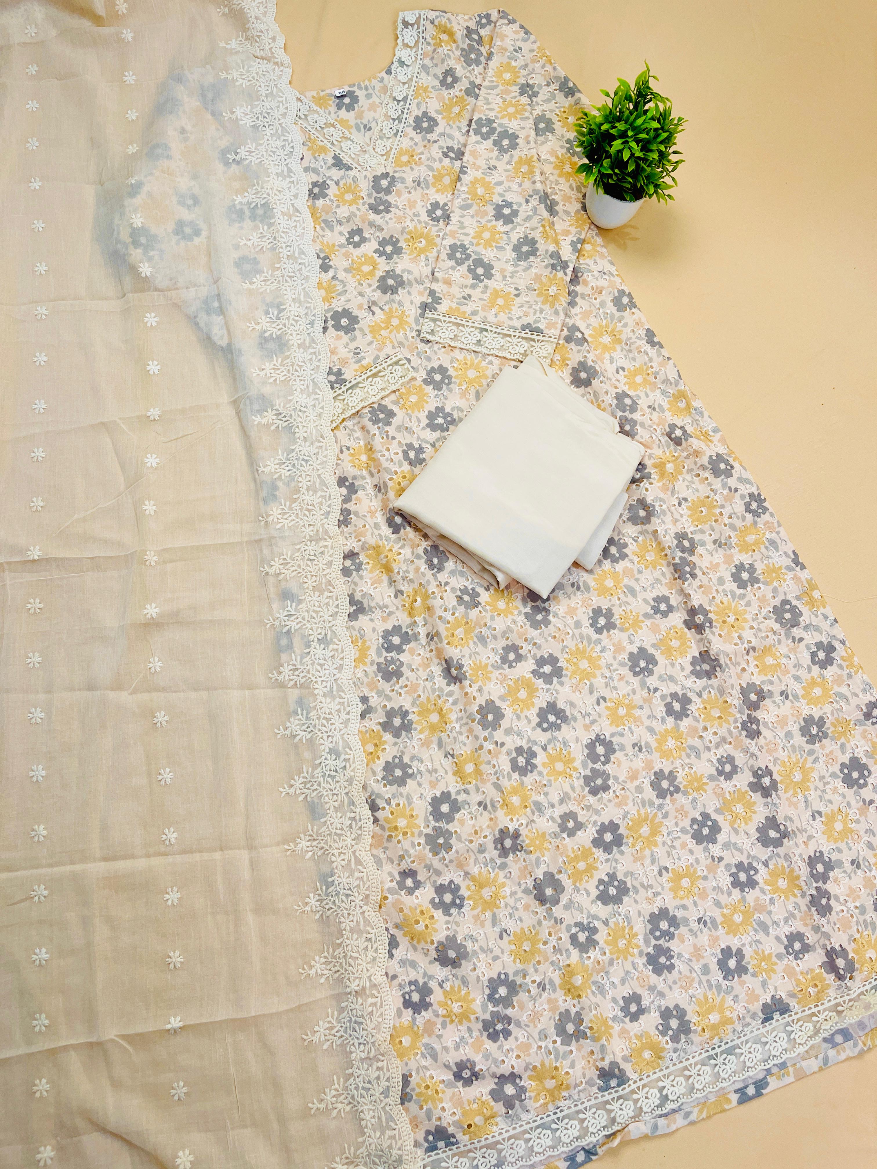 Cream Hakoba Kurtha Set with Yellow & Grey Floral Print