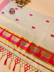 Pink Lotus embroidery Saree with pink & golden tassels- Elegant Saree - SU 495