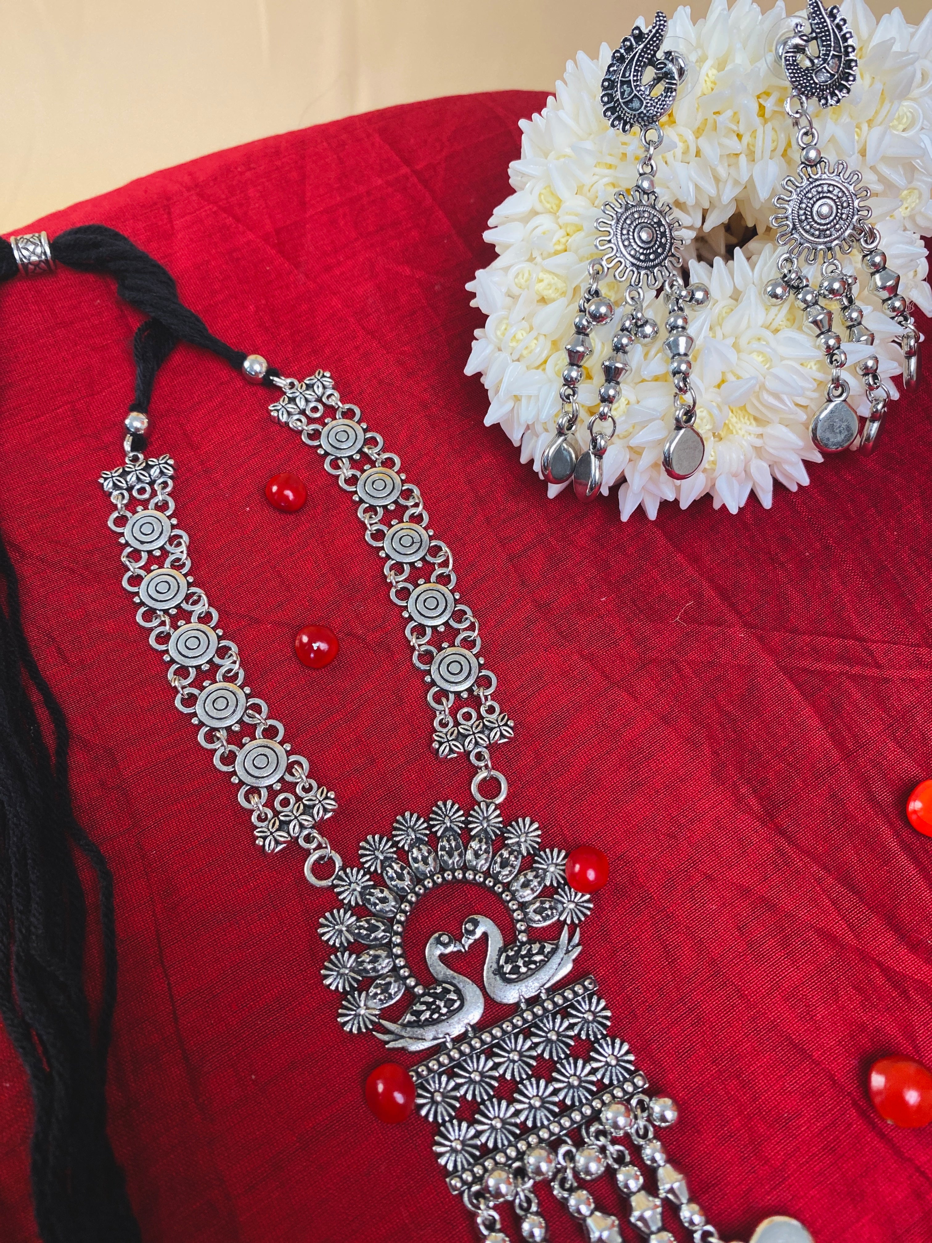 Antique Silver Oxidized Necklace & Earrings Set with Swan Motif