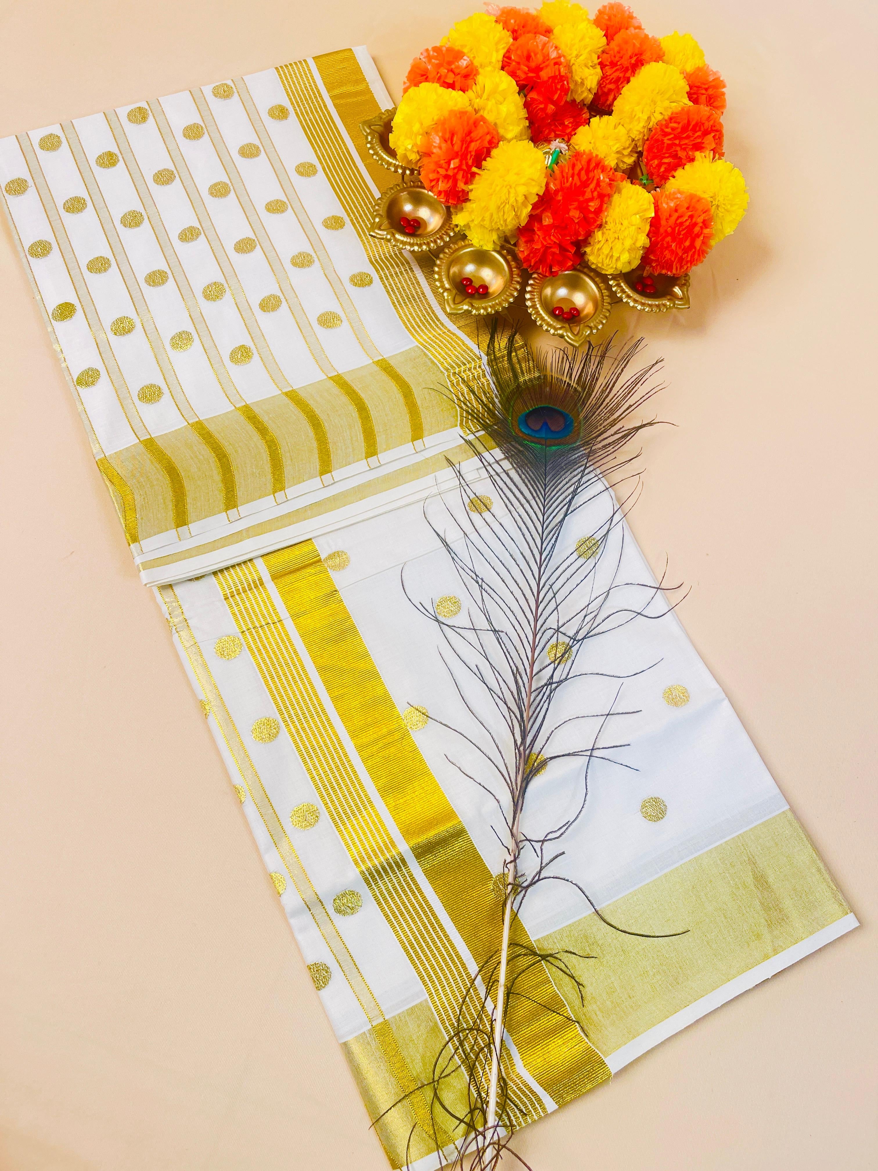 SU 574 Kerala Kasavu Saree with Golden Polka Dots & Border
