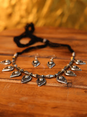 Oxidized Silver Drop Motif Necklace Set with Matching Earrings