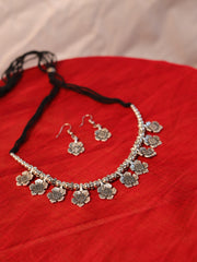 Oxidized Silver Floral Choker Necklace Set with Earrings