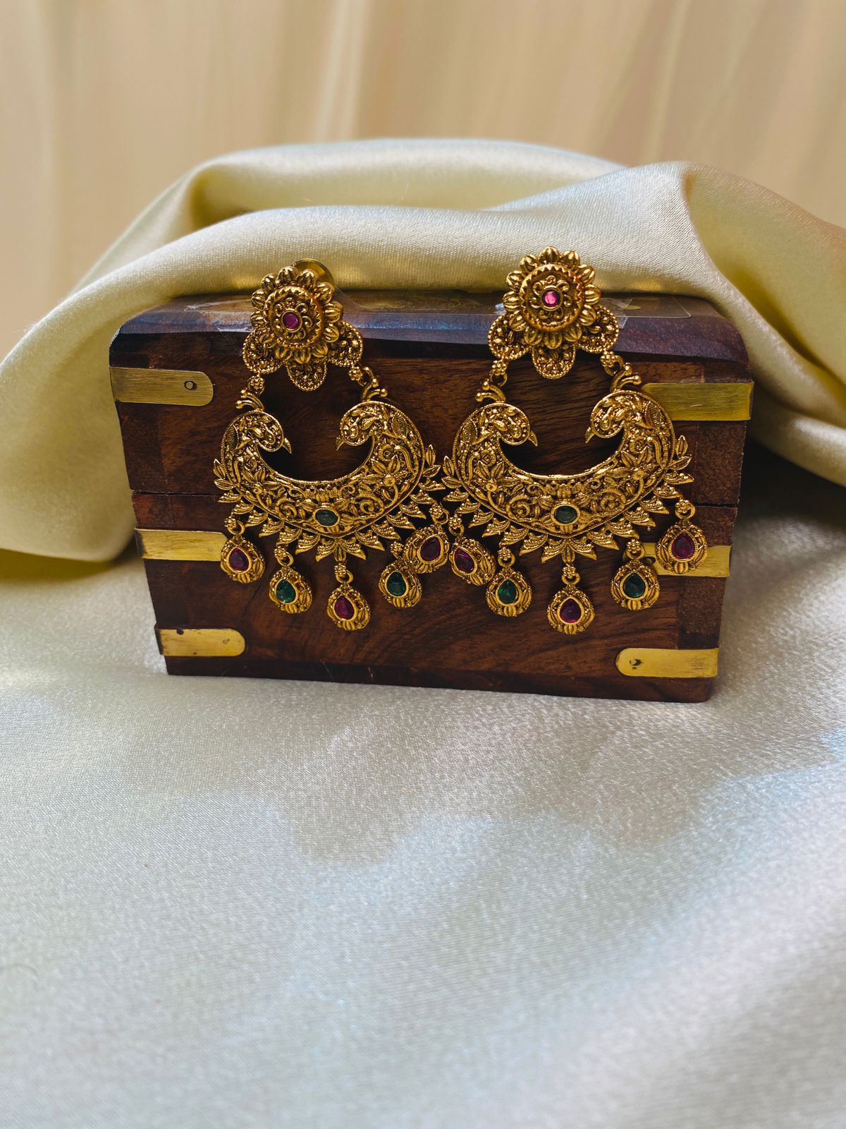 Antique Peacock Chandbali Earrings with Multicolor Stone Drops