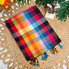 THIRA🌺✨BLACK WITH MULTICOLOURED STRIPES KHADI MUL COTTON SAREE (SU 854)