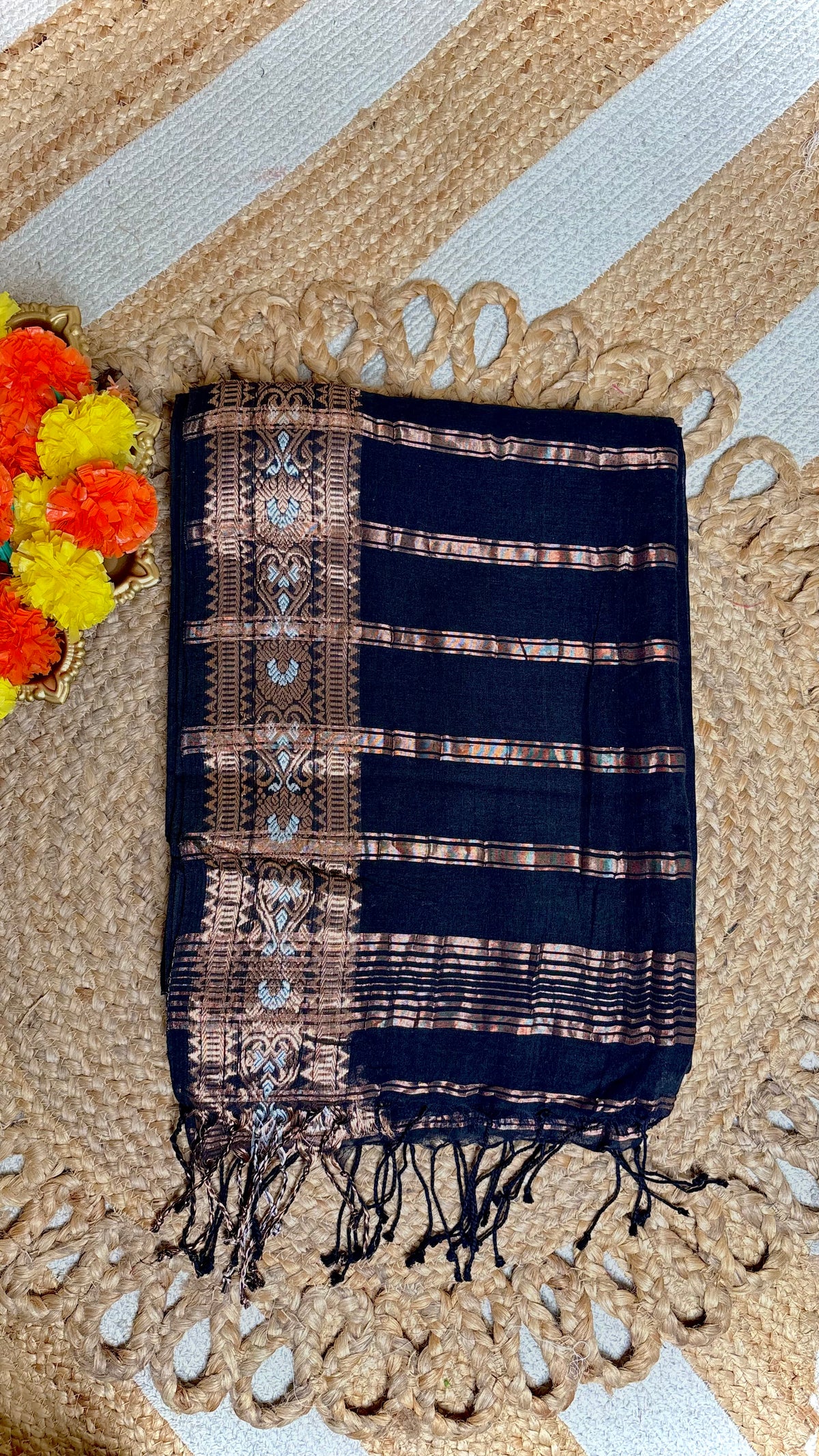 Black Cotton Saree with Gold Woven Border & Tassels (SU 813)