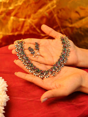 Antique Peacock Motif Oxidized Necklace Set with Beaded Earrings