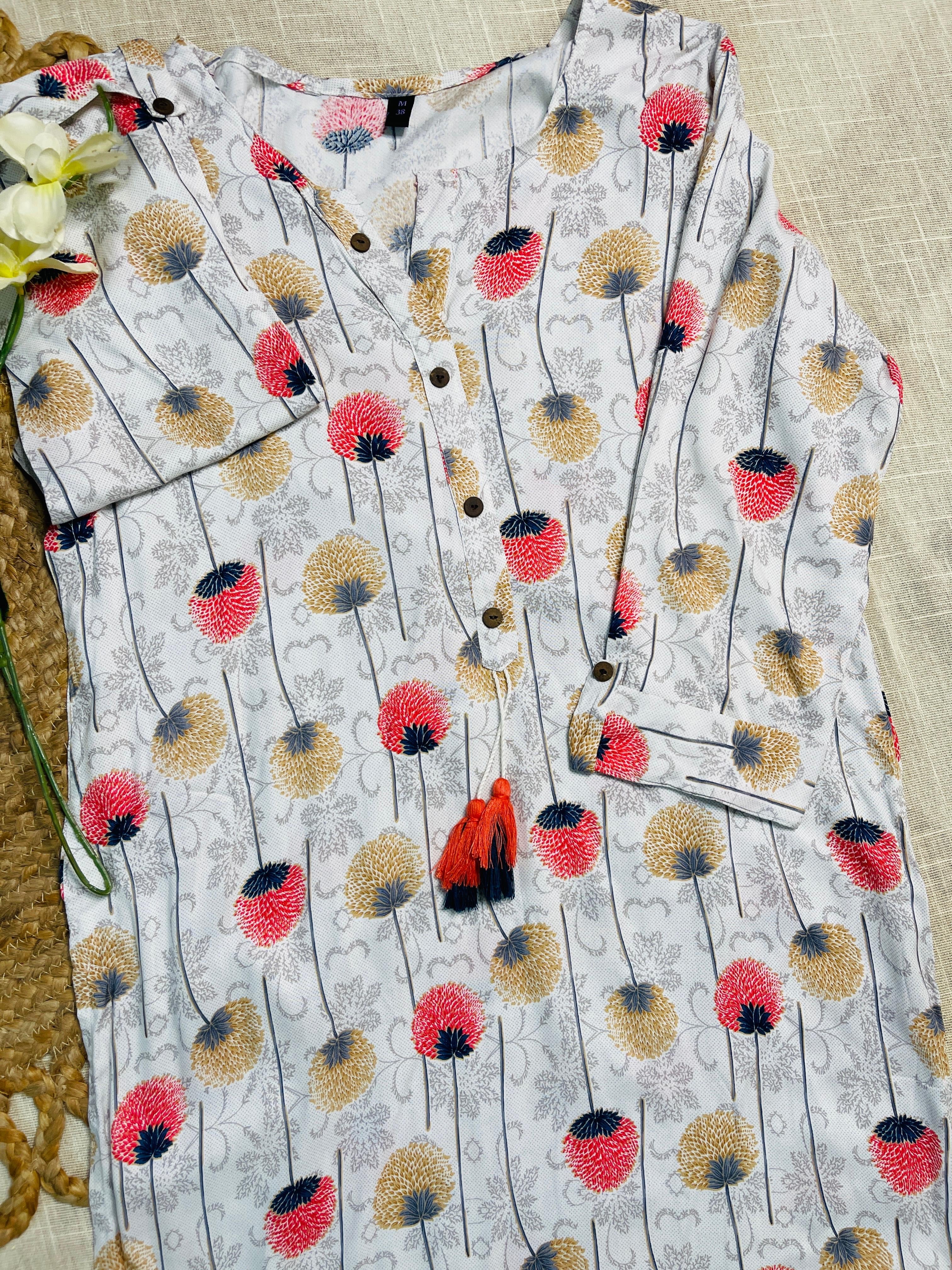 White Kurti Top With Pink & Floral Print
